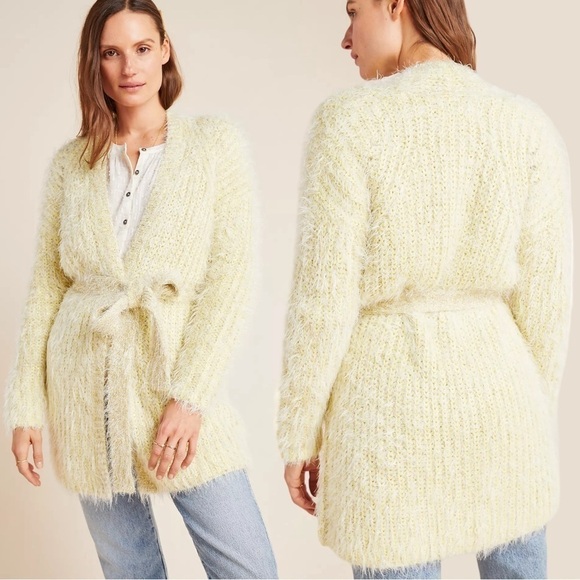 Anthropologie Cardigan Sweater Medium Larkin Shimmer Eyelash Metallic Belt - Picture 1 of 13